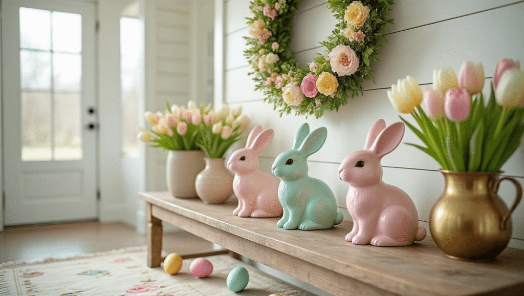 Easter Home Decor That'll Make Your Home Look Like Spring Threw Up (In the Best Way) Cinematic wide shot of a bright modern farmhouse entryway featuring pastel bunnies and florals, with soft morning light, shiplap walls, and a reclaimed wood console table, creating a cozy and inviting atmosphere.