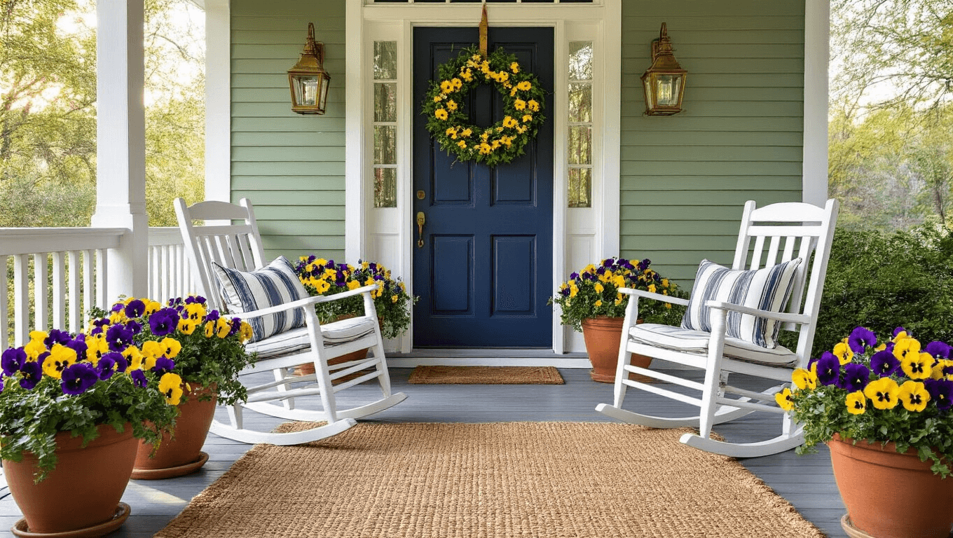 Cinematic wide-angle view of a luxurious spring front porch with white rocking chairs, vibrant pansies, a magnolia wreath on a navy door, and warm golden hour lighting.