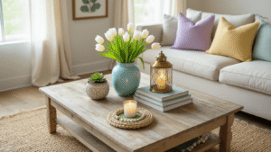Spring Living Room Decor: A Complete Styling Guide Cinematic overhead view of a spring-themed living room coffee table with a natural wood surface, featuring pastel pillows, white tulips in a blue jar, a brass lantern, decorative books, a small succulent, and soft sunlight streaming through sheer curtains, with a cream sectional sofa in the background.