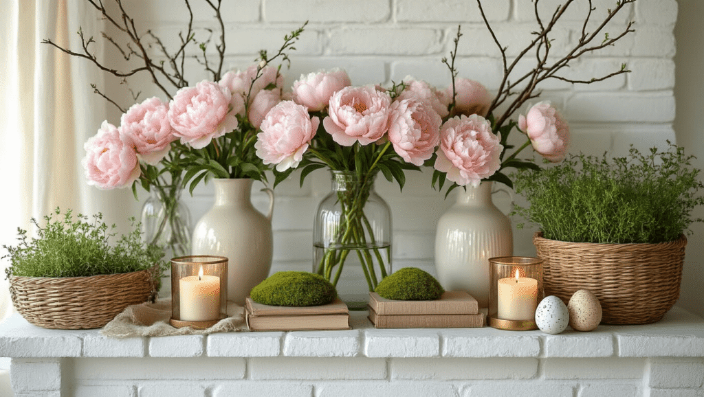 Spring Mantel Decor: Your Guide to Creating a Fresh Seasonal Display Cinematic spring mantel decor with blush pink peonies, curly willow branches, moss-covered eggs, potted herbs, and flameless candles on a white brick fireplace, featuring a soft sage and cream palette and golden hour lighting.