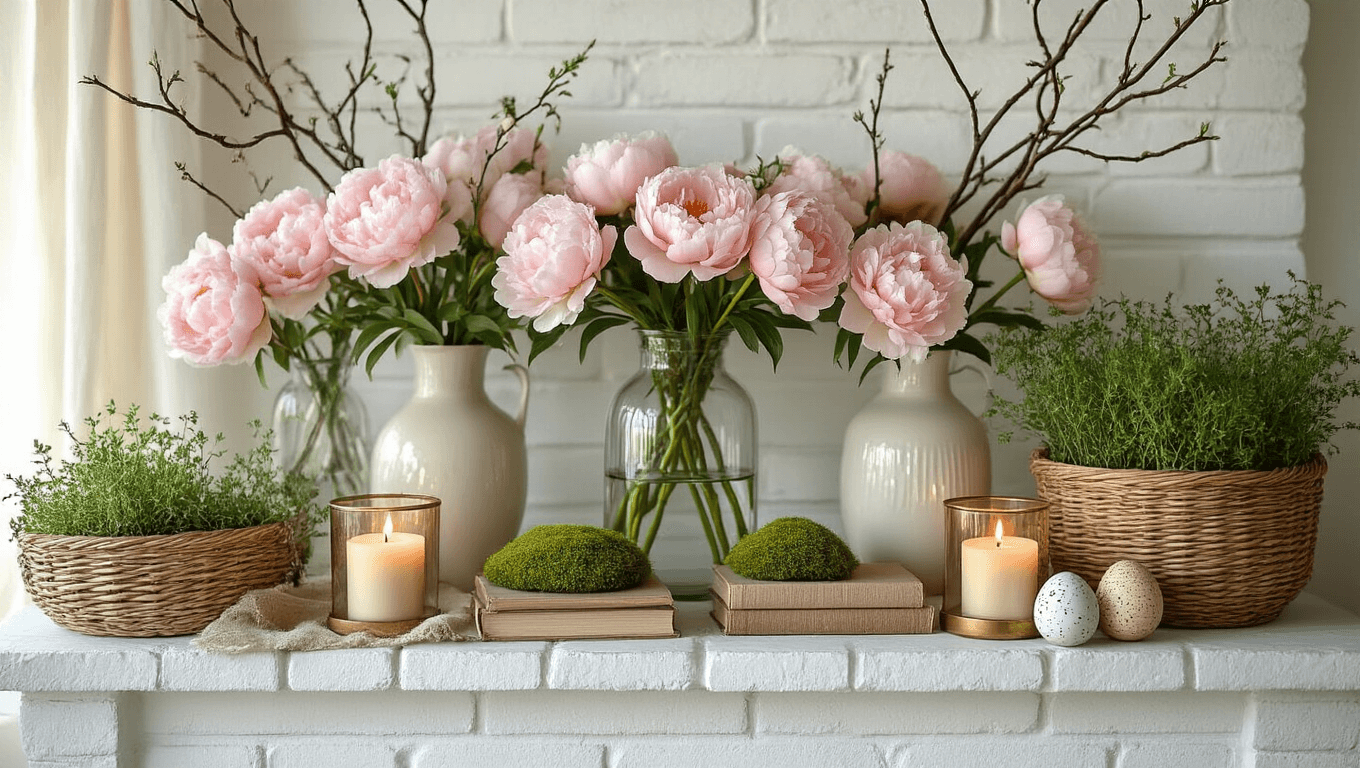 Cinematic spring mantel decor with blush pink peonies, curly willow branches, moss-covered eggs, potted herbs, and flameless candles on a white brick fireplace, featuring a soft sage and cream palette and golden hour lighting.