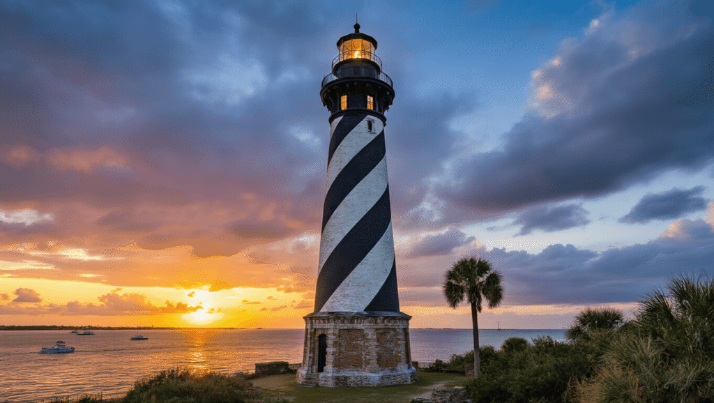Climb, Discover & Uncover: The Mind-Blowing Secrets of St. Augustine's Most Epic Lighthouse "St. Augustine Lighthouse with black and white stripes towering over Matanzas Bay at sunset, surrounded by palm trees and ancient coquina stone foundations"
