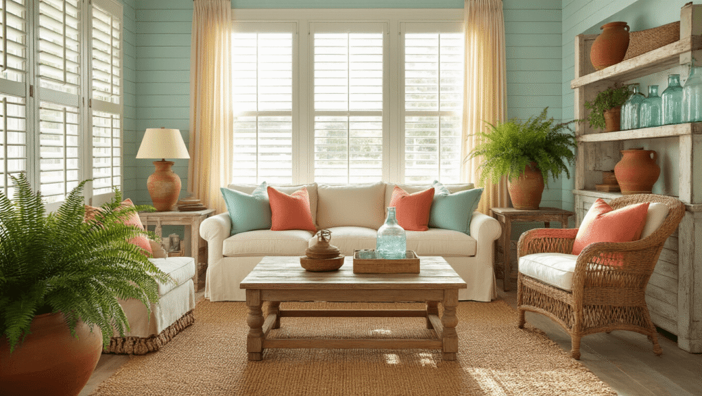 Old Florida Decor: Your Complete Guide to Capturing Vintage Coastal Charm Cinematic wide-angle view of a vintage Florida coastal living room bathed in golden hour sunlight, featuring a cream slipcovered sofa, weathered heart pine coffee table, pale blue shiplap walls, and natural textures including rattan and seagrass, complemented by soft coral and seafoam linens and indoor plants.