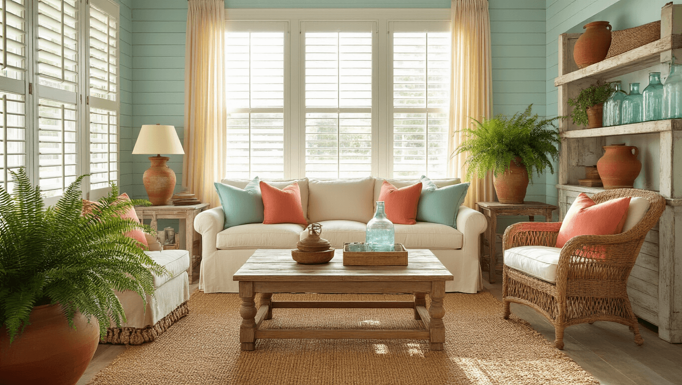 Cinematic wide-angle view of a vintage Florida coastal living room bathed in golden hour sunlight, featuring a cream slipcovered sofa, weathered heart pine coffee table, pale blue shiplap walls, and natural textures including rattan and seagrass, complemented by soft coral and seafoam linens and indoor plants.