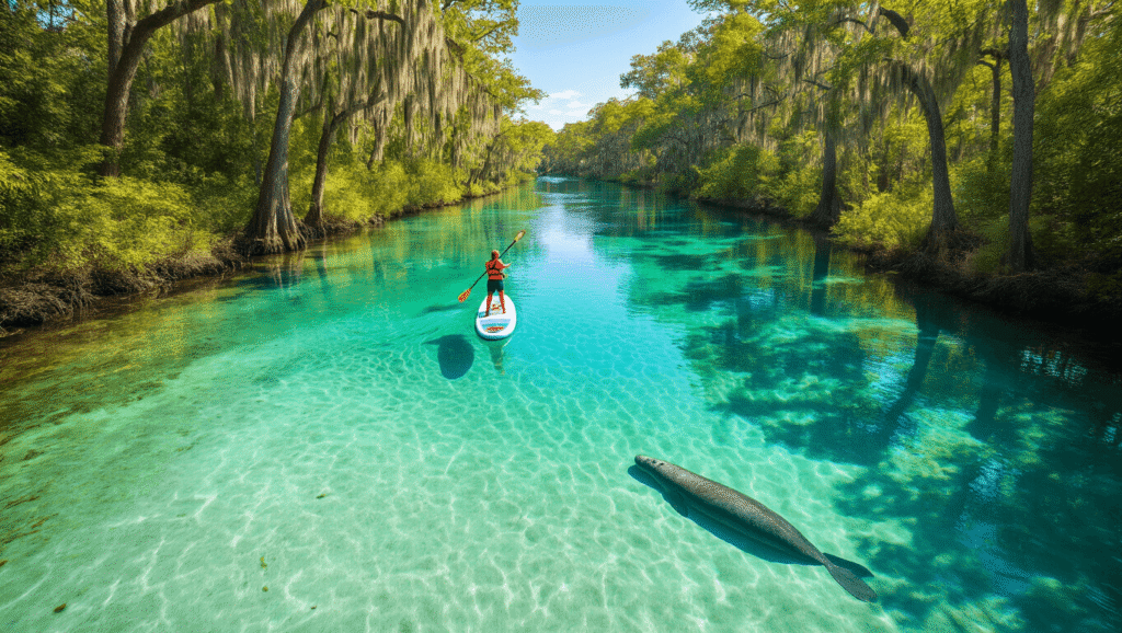 Paddleboard Paradise: Weeki Wachee's Crystal Clear Adventure Awaits! "Paddleboarder gliding on crystal clear turquoise waters of Weeki Wachee River, with visible manatee swimming beneath and stunning reflections created by morning light, surrounded by lush Florida vegetation and emerald green cypress trees."
