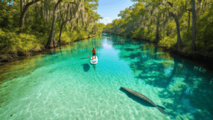 "Paddleboarder gliding on crystal clear turquoise waters of Weeki Wachee River, with visible manatee swimming beneath and stunning reflections created by morning light, surrounded by lush Florida vegetation and emerald green cypress trees."