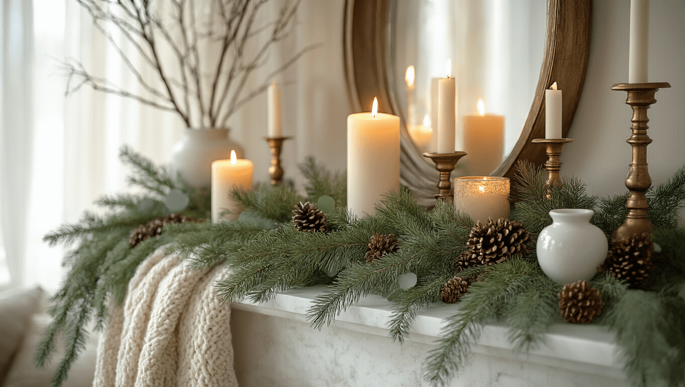 Cinematic wide shot of a winter mantel with eucalyptus and pine garlands, flickering pillar candles, antique brass candlesticks, and a soft cream and sage color palette, creating a cozy hygge atmosphere.