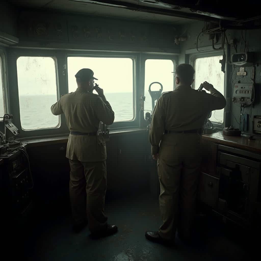 WWII Coast Guard personnel vigilantly scanning the Atlantic horizon from a lighthouse observation deck, clad in authentic 1940s military uniforms, surrounded by period-accurate navigation and communication equipment, captured in a high-contrast, grainy vintage photo.