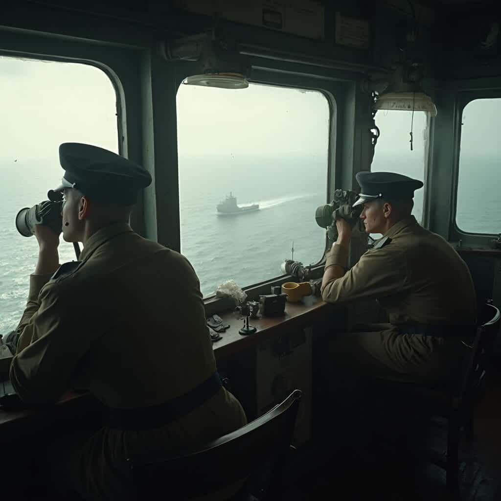 WWII Coast Guard personnel in authentic 1940s military uniforms vigilantly scanning the Atlantic horizon from lighthouse observation deck, vintage maritime and radio devices visible, heightened tension in grainy, high-contrast image