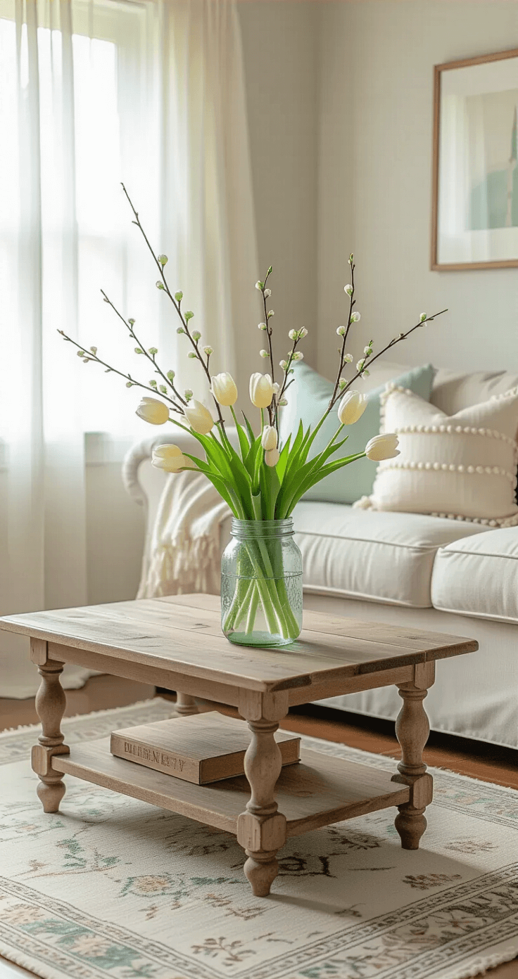 A cozy living room bathed in soft natural light, featuring a vintage coffee table with a mason jar of spring branches and pale yellow tulips, a neutral linen sofa with pastel pom-pom trimmed pillows, a mint green and warm ivory color palette, hardwood floors, and a vintage distressed area rug.