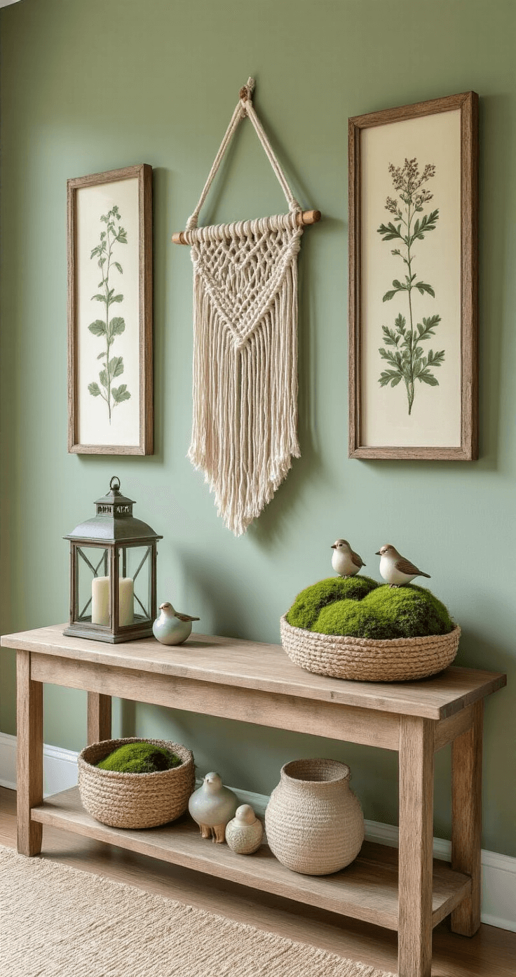 A stylish entryway console featuring vintage frames with pressed botanical illustrations, a macrame wall hanging adorned with wooden beads, and a decorative lantern filled with soft moss and miniature ceramic birds, set against soft sage green walls and a reclaimed wood surface, complemented by a textural burlap runner; the scene is illuminated by soft side lighting, creating dramatic shadows and a spring-inspired vignette.