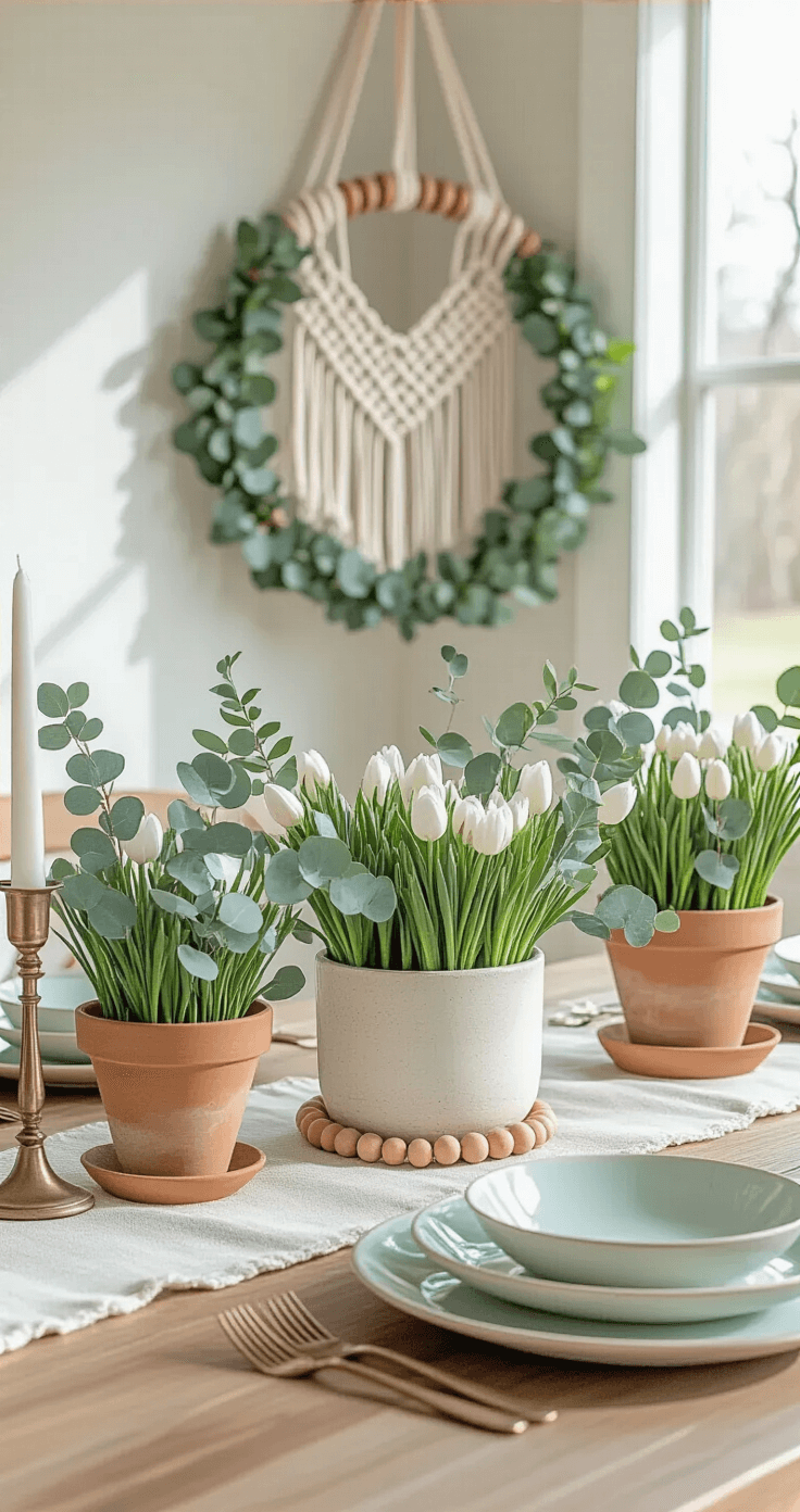 A beautifully arranged dining table centerpiece showcasing a DIY macrame wreath with faux eucalyptus and wooden beads, surrounded by whitewashed terracotta planters filled with spring bulbs. A natural linen table runner complements vintage brass candle holders and soft pastel ceramic plates, all illuminated by gentle overhead lighting that enhances the textural elements of spring.