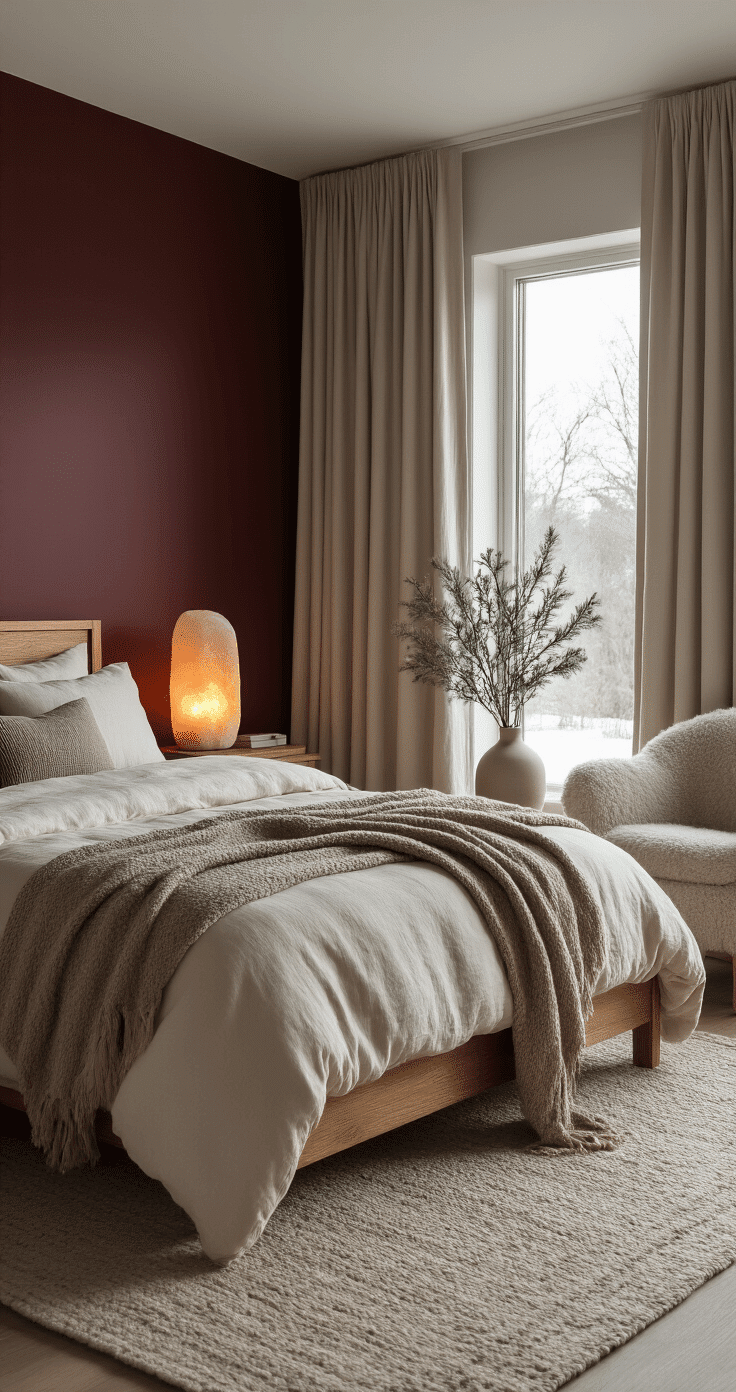 A cozy minimalist bedroom featuring a deep burgundy accent wall, a natural wood bed with an oversized cream linen duvet, layered taupe and gray throws, a soft bouclé armchair by the window, a warm amber glow from a salt lamp, an evergreen branch in a ceramic vase, and thick blackout curtains partially drawn, illuminated by soft early morning winter light.