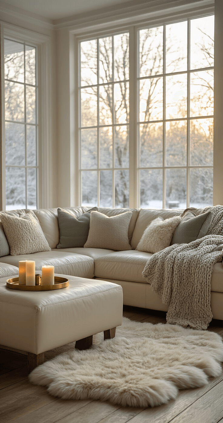 A warm and inviting winter living room featuring a soft cream leather sectional sofa draped with a chunky heather gray knit throw, layered sheepskin rug on weathered hardwood floors, warm golden hour lighting, multiple textured pillows in muted hues, a wooden coffee table with candles on an aged brass tray, and a floor-to-ceiling window revealing a frost-covered landscape.