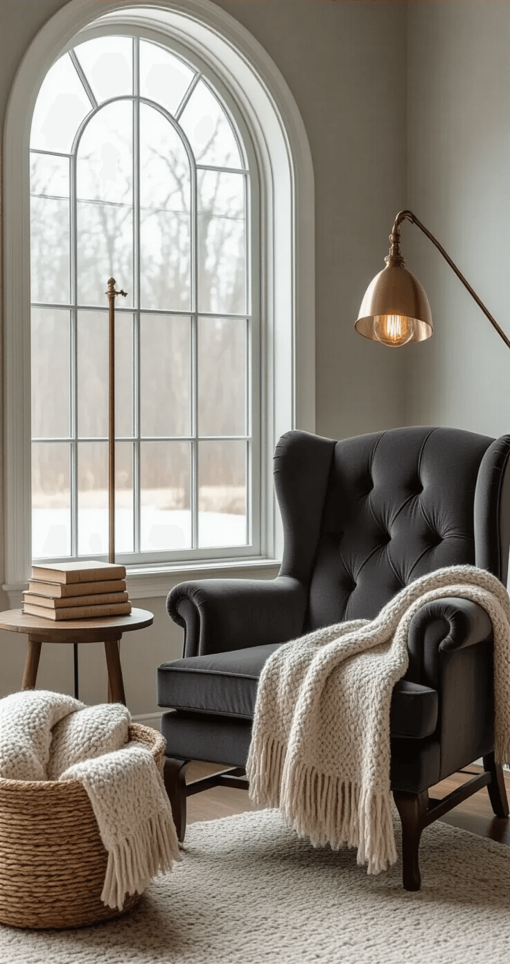 Intimate reading nook featuring a deep charcoal velvet wingback armchair by a tall arched window, warm winter light, vintage brass floor lamp, soft ecru wool throw, stacked hardcover books on a wooden side table, and a woven basket with knitted blankets, all in a low-contrast palette of grays and warm neutrals.