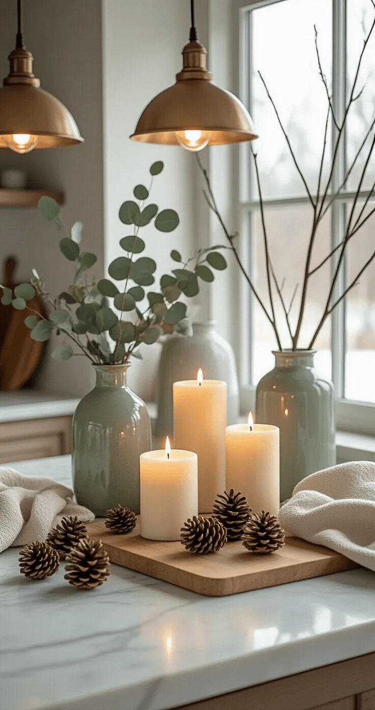 A rustic modern kitchen featuring a marble countertop adorned with pine cones and eucalyptus branches, unscented pillar candles on a wooden cutting board, warm pendant lights, muted sage green ceramic vases with bare winter branches in a glass container, and soft linen towels, all illuminated by morning winter light through a frosted window.