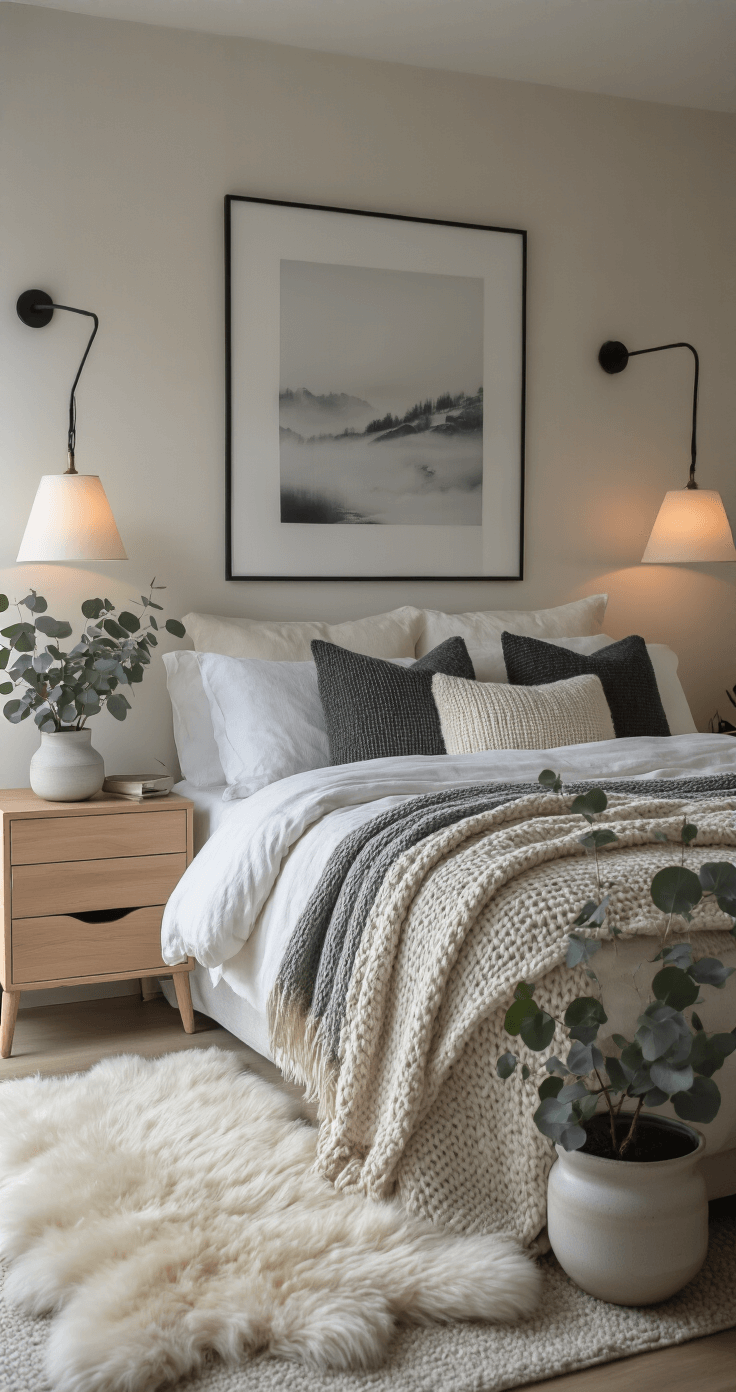 A serene Scandinavian bedroom featuring a king-sized bed draped with cream, charcoal, and soft gray throws, an oversized wool lumbar pillow, a sheepskin rug beside the bed, warm-toned table lamps, a large mirror reflecting gentle winter light, minimal wooden nightstands, a potted eucalyptus, and subtle black and white artwork, all bathed in early morning diffused light.