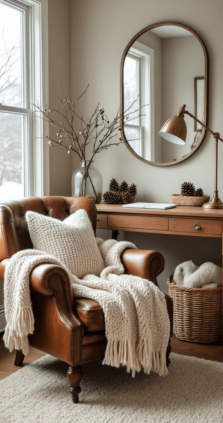 Cozy home office corner featuring a vintage leather armchair with a chunky knit throw, a wooden desk with a brass task lamp, and a woven basket of soft blankets. A large wall mirror reflects a winter landscape, while pine cones and bare branches are displayed in a glass vase. The muted color palette of browns, creams, and soft greens is complemented by soft window light creating gentle shadows, emphasizing warmth and texture in the professional interior staging.