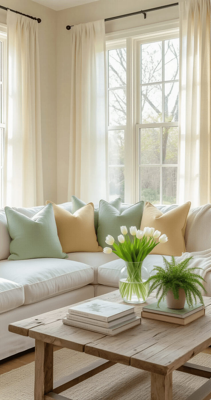 Sunlit modern farmhouse living room with a white linen sectional sofa and pastel-colored throw pillows, a vintage vase with tulips on a reclaimed wood coffee table, botanical art books, a potted fern, and hardwood floors, framed by large windows showing blooming trees outside.