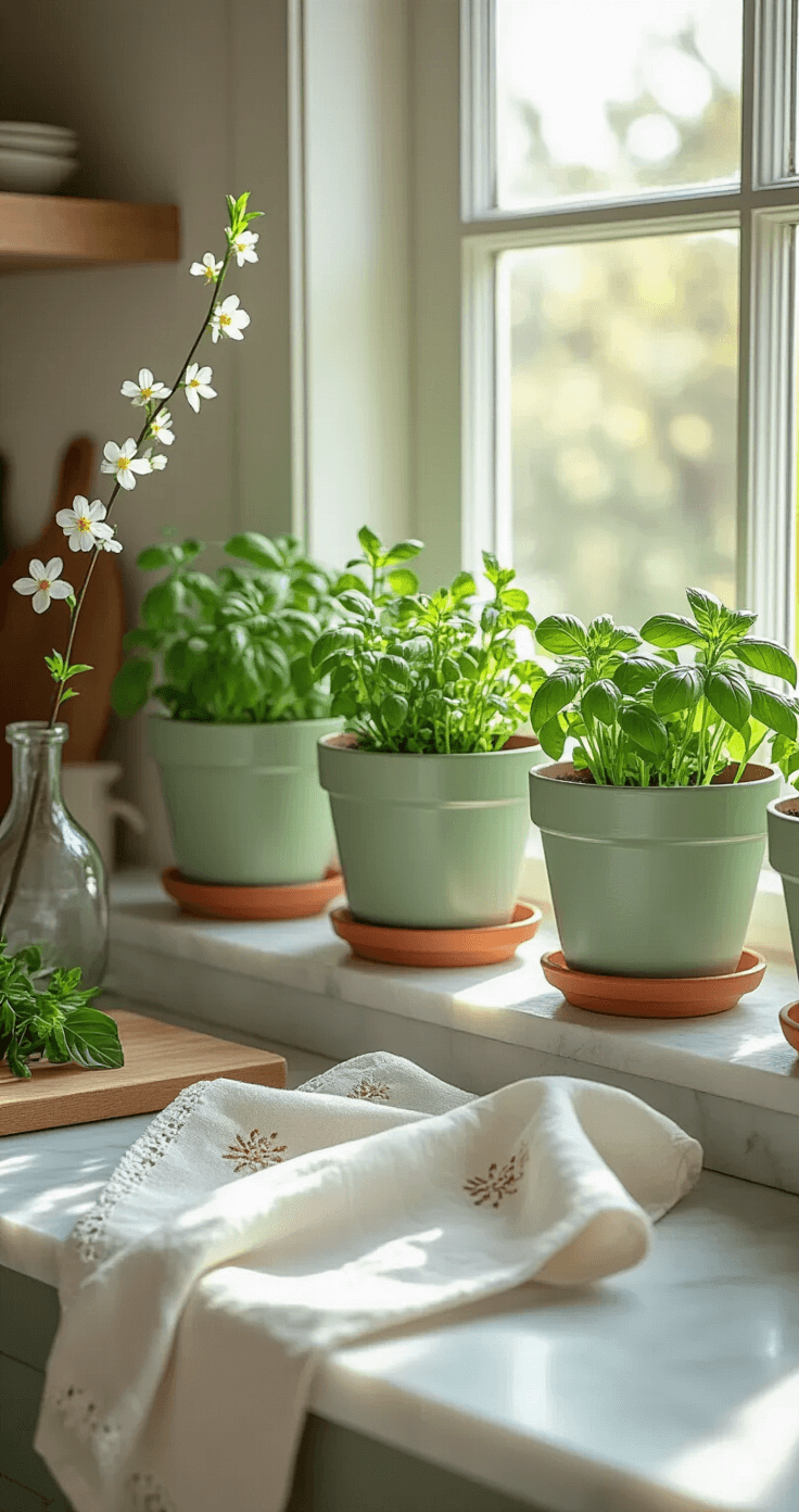 A minimalist kitchen windowsill featuring soft sage green terracotta herb pots with fresh mint, basil, and thyme, illuminated by gentle morning light on white marble countertops, complemented by pale linen towels, a single forsythia branch in a glass vase, copper accents, and wooden cutting boards.
