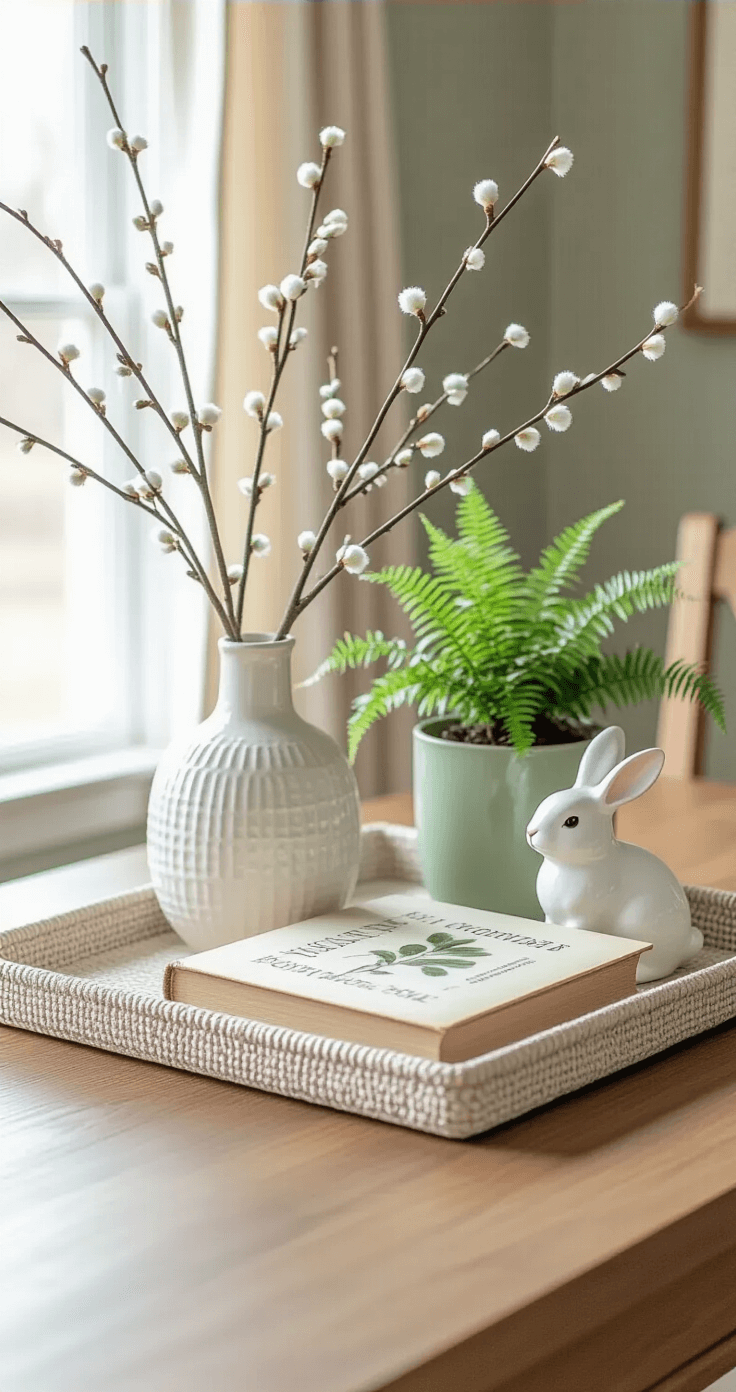 A close-up of a spring-inspired dining room console featuring a textured neutral tray with a white ceramic vase holding pussy willow branches, a vintage botanical book, a small potted fern in a sage green pot, and a decorative white ceramic bunny figurine. Soft afternoon light filters through sheer curtains, casting gentle shadows on a natural wood floor, with a muted sage and cream color palette.