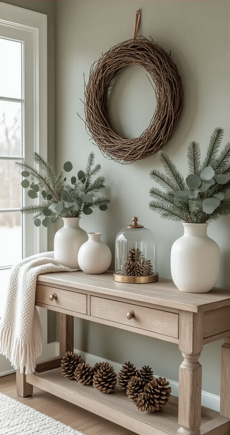 Cozy entryway featuring a weathered wooden console table adorned with a handmade twig wreath, white ceramic vases with dried eucalyptus and pine branches, and a glass cloche with pinecones. A soft cream wool runner and warm brass candlesticks add warmth to the space, with natural light streaming through frosted windows and a textured linen throw draped casually. The muted gray-green walls create a serene backdrop, captured in professional interior photography style.