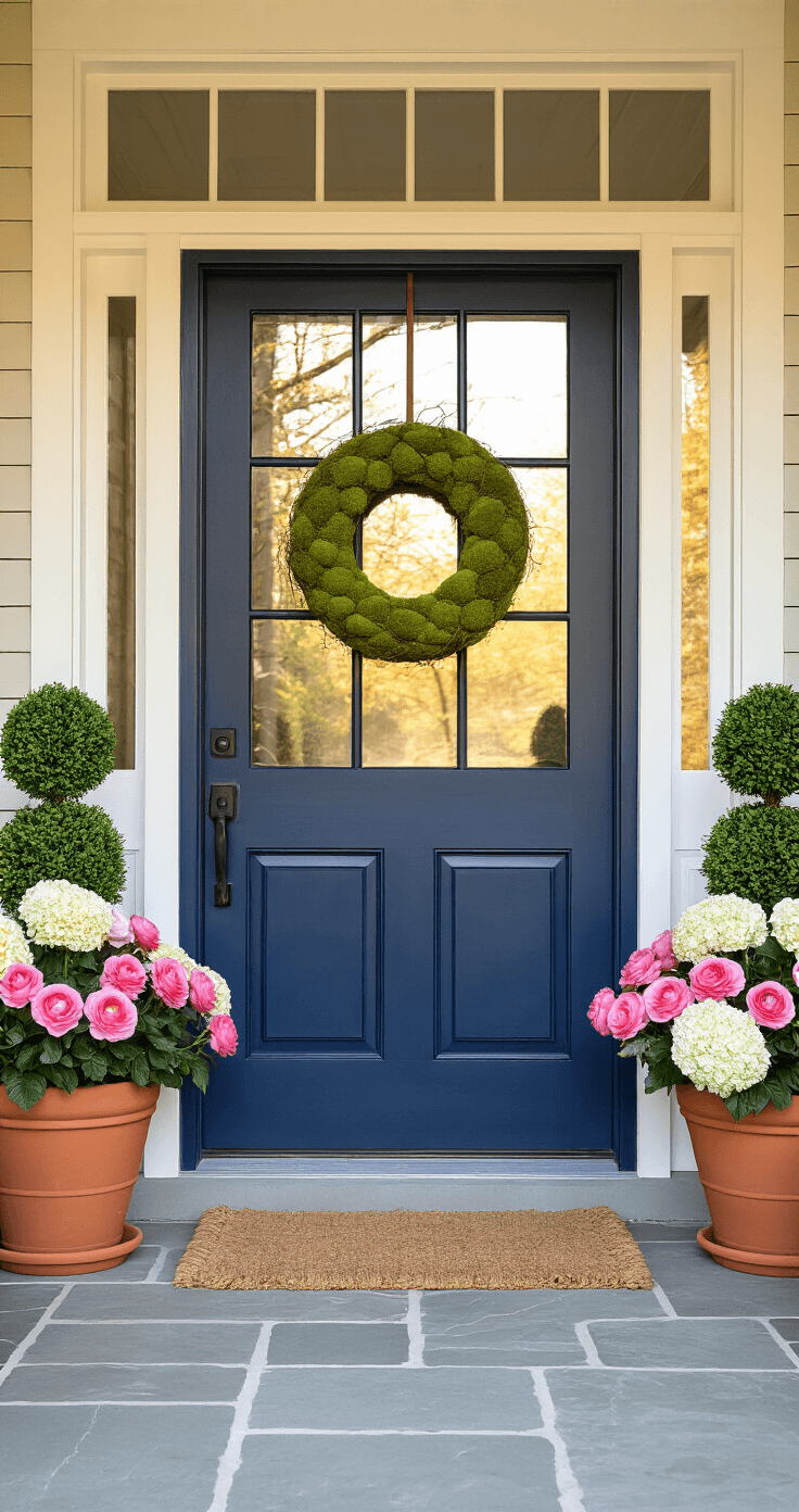 Professional interior photography of a sophisticated spring entryway featuring a navy blue front door, terracotta planters with pink ranunculus and white hydrangeas, symmetrical boxwood topiary balls, a moss and twig wreath, natural stone flooring, and a coir welcome mat, all illuminated by warm golden hour lighting.