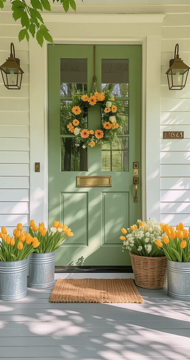 Professional interior photography of a charming farmhouse-style entrance featuring a sage green door with brass hardware, surrounded by dappled morning light, a wraparound porch, floral arrangements in galvanized containers and a wicker basket, and vintage-inspired details.