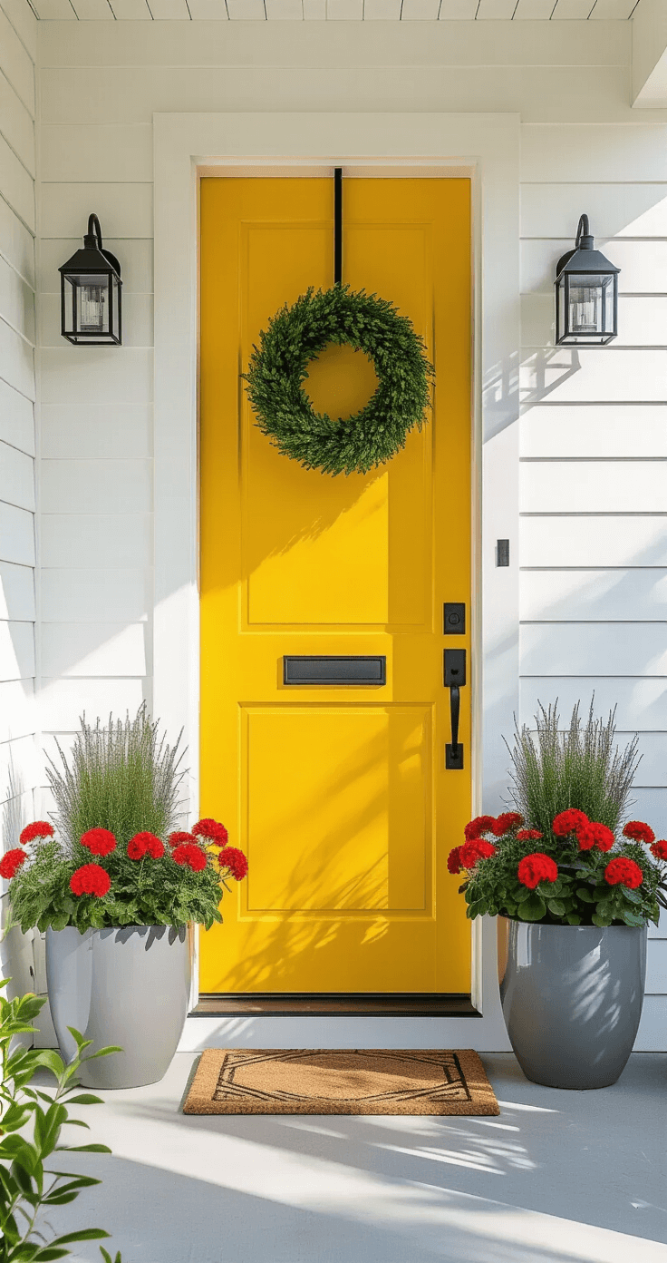 A modern coastal entryway featuring a vibrant sunshine yellow front door with matte black hardware, surrounded by white board-and-batten siding, large gray ceramic planters with red geraniums, a double wreath arrangement, polished concrete flooring, and floor-to-ceiling windows with black trim, all lit by late afternoon sunlight.