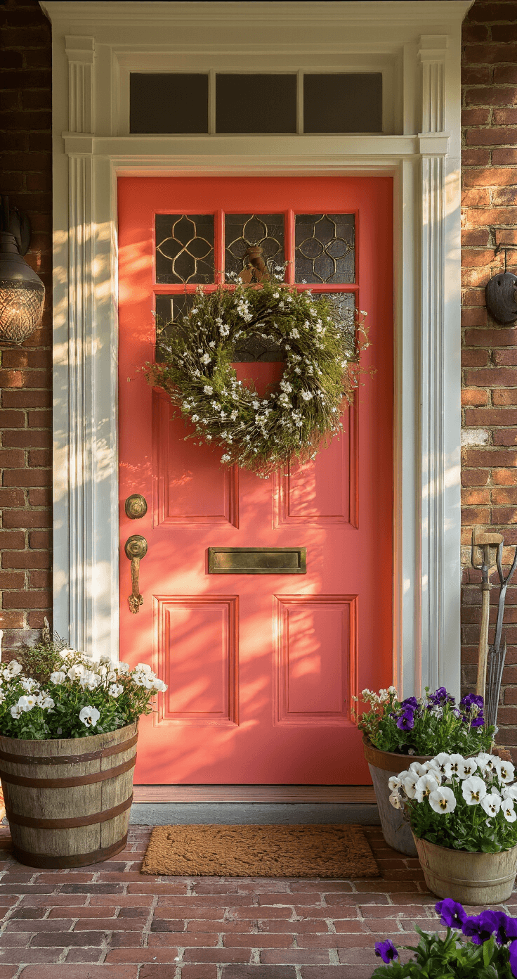 Professional interior photography of an eclectic spring porch with a coral pink front door adorned by a vintage tool garden wreath, complemented by mismatched planters, reclaimed brick flooring, and period architectural details, all illuminated by warm morning sunlight.