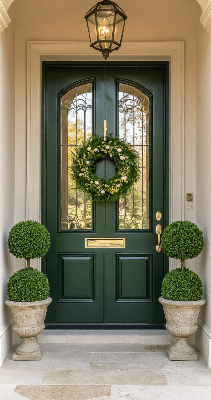 Sophisticated symmetrical entryway featuring a deep forest green front door with polished chrome hardware and beveled glass inserts, highlighted by golden hour backlighting. Lollipop bay trees in aged limestone planters create formal balance, flanking the door adorned with an elegant egg nest wreath of preserved moss, quail eggs, and pale yellow ribbon. The entrance showcases natural limestone flooring and a custom monogrammed coir doormat, with fluted columns, Corinthian capitals, and carriage-style lanterns enhancing the architectural detail. Shot with an 85mm lens to emphasize symmetry and depth.