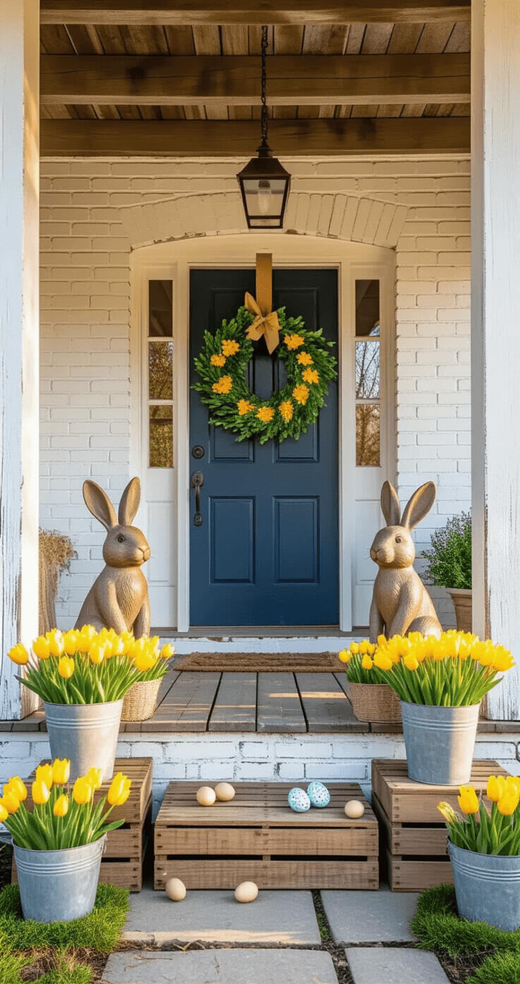 Medium shot of a rustic farmhouse porch at golden hour, featuring a navy blue door with a spring wreath, flanked by bunny statues and adorned with daffodils in metal buckets, all under warm sunlight.