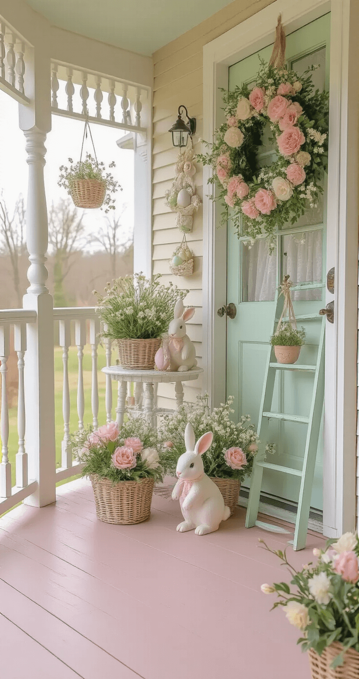 A cozy cottage-style porch with pale pink wooden floors and white spindle railings, adorned with vintage pastel decorations, wicker baskets of spring flowers, and a decorative door wreath, all bathed in soft morning light.