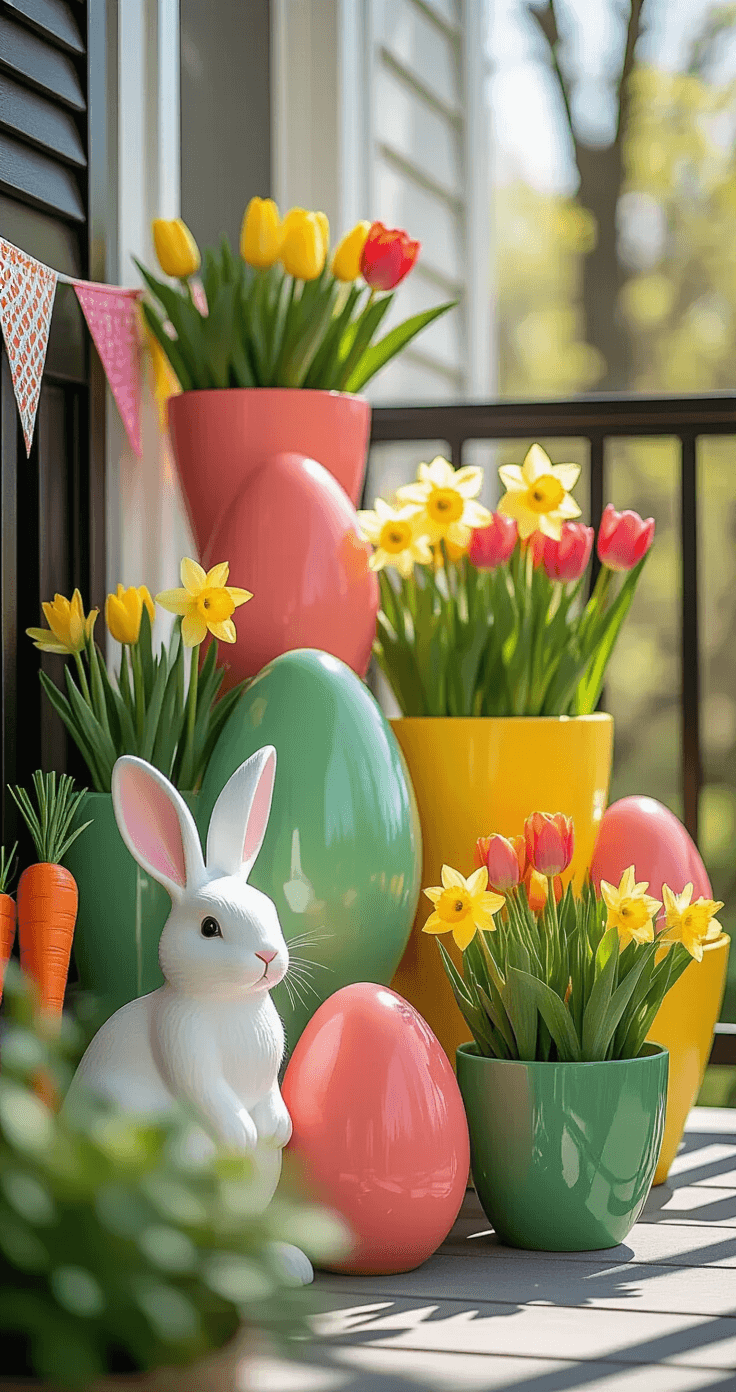 Close-up shot of a vibrant whimsical porch corner featuring oversized coral pink, grass green, and sunny yellow decorative eggs on a geometric plant stand, alongside a pristine white flocked bunny, contemporary planters with vivid tulips and daffodils, carrot-shaped garden stakes, and colorful fabric bunting, all set against a neutral gray home siding.