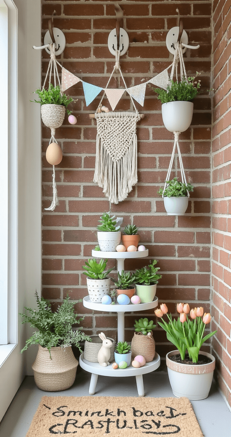 Intimate detail shot of a small urban porch featuring vertical decorations like macrame egg holders, potted plants, and fabric bunting on a brick wall, with a tiered plant stand holding succulents and bunny figurines, a spring-themed doormat, and a side table with an Easter basket and tulip, in a soft color palette of white, gray, yellow, and green.