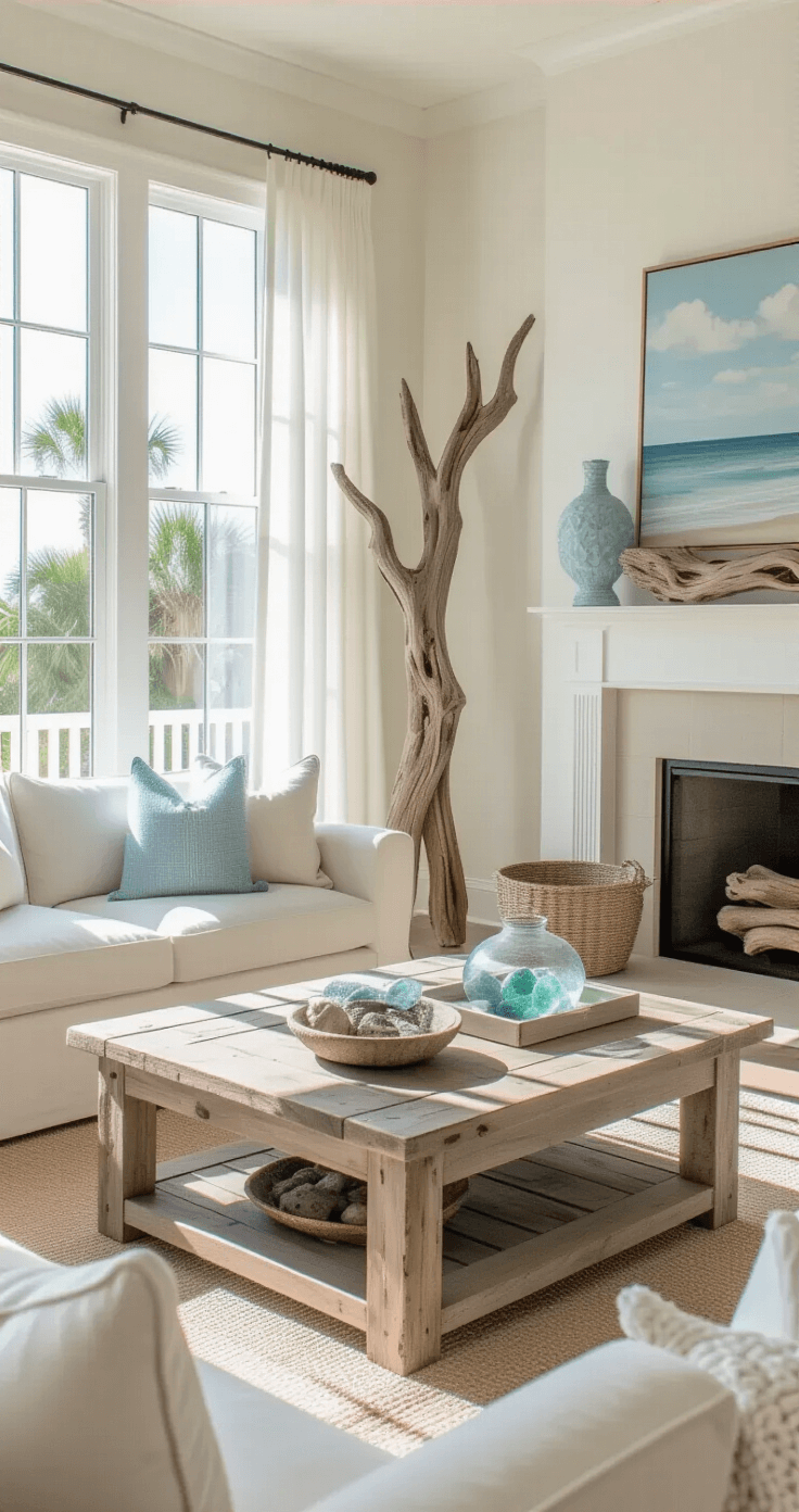 A sunlit coastal living room featuring a weathered wood coffee table, sheer white curtains, and a neutral palette of beige, gray, and blue, with decorative driftwood and sea glass accents creating a serene atmosphere.