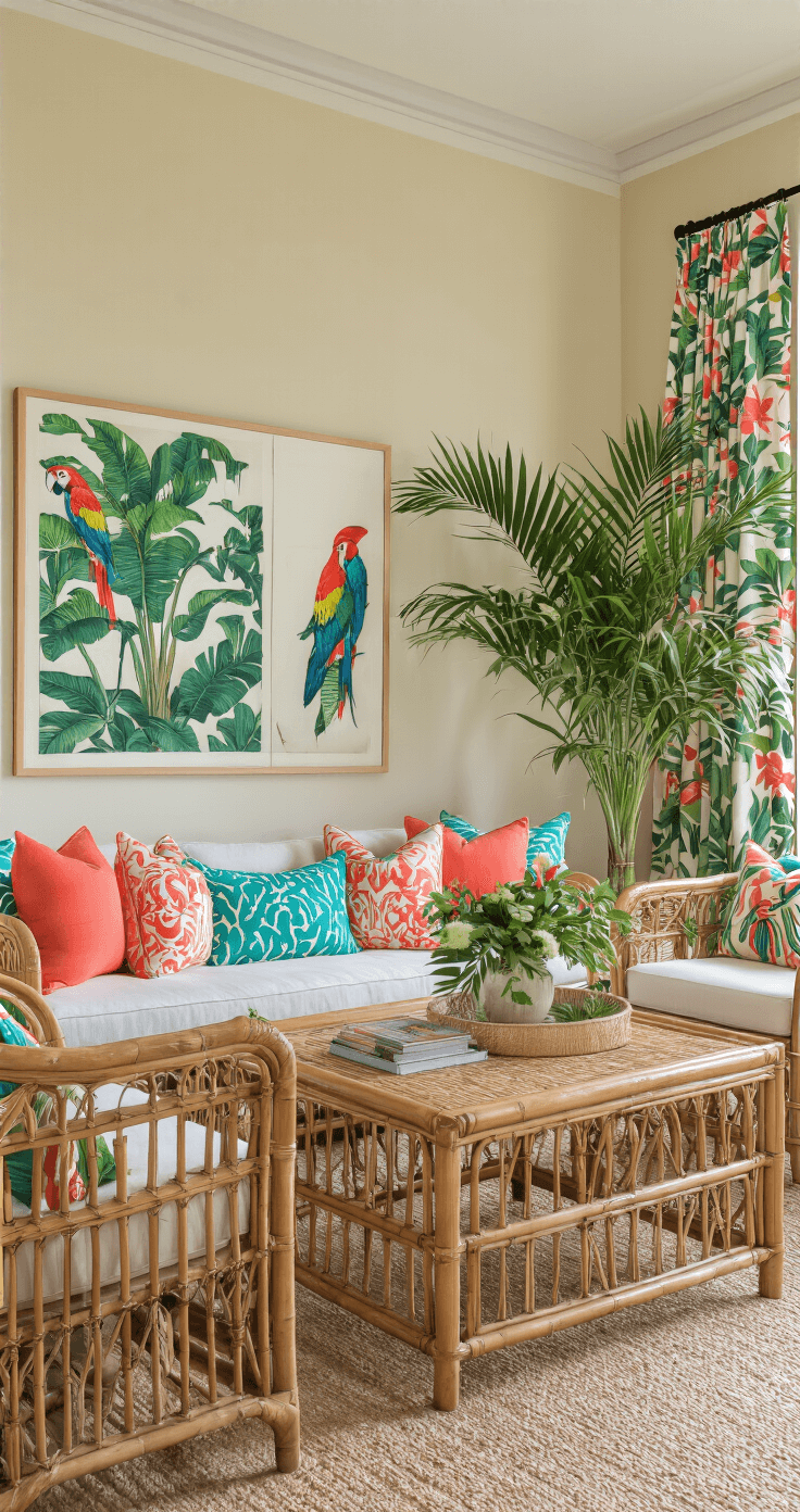 A vibrant tropical dining room featuring neutral walls, colorful coral and turquoise throw pillows, tropical print curtains, bamboo and rattan furnishings, and a towering palm, adorned with bold artwork of tropical leaves and colorful parrots.