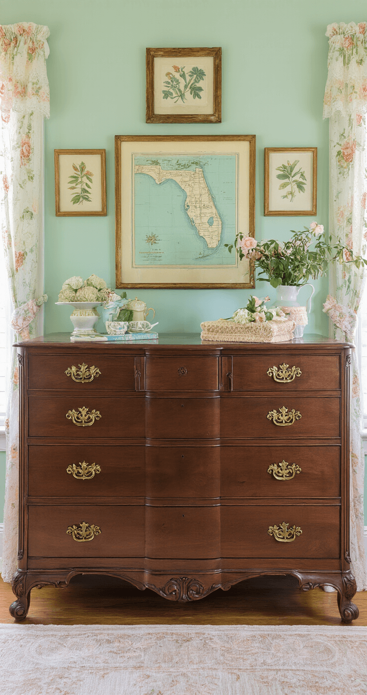A nostalgic bedroom featuring an antique mahogany dresser, soft pastel hues, tropical prints, lace curtains, and a vintage map of the Florida Keys, embodying the elegance of Old Florida.