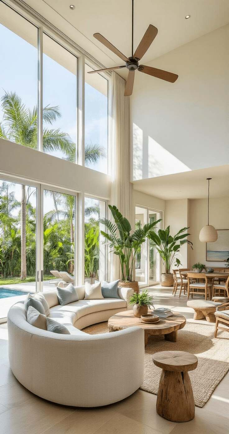 Spacious living room with high ceilings, floor-to-ceiling windows, and a curved linen sofa, featuring a reclaimed wood coffee table, potted palm plants, and a modern ceiling fan, all in soothing earthy colors.