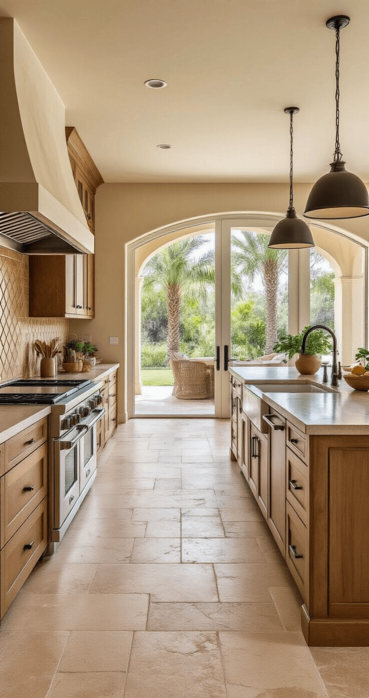 A modern kitchen with flat-panel honey-toned wood cabinets, artisanal terracotta tile backsplash, travertine tile flooring, contemporary pendant lights above a central island, and palm trees visible through the windows.