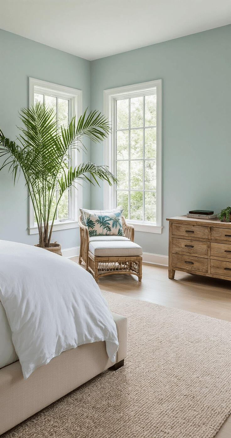 A serene primary bedroom featuring soft blue-gray walls, a curved upholstered king-size bed with tropical motif pillows, a reclaimed wood dresser, a cozy rattan reading nook, and abundant natural light from large windows.