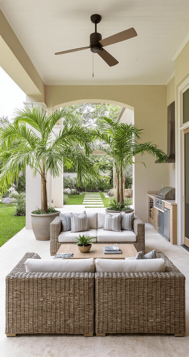 Comfortable covered patio with teak and wicker furniture, modern ceiling fan, travertine tile flooring, potted palm trees, and a small outdoor kitchen setup.