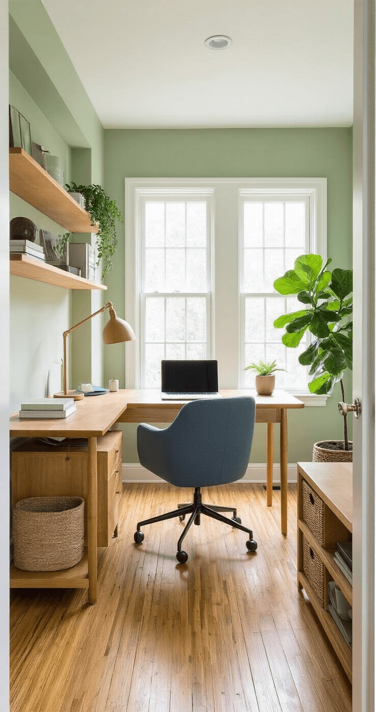A bright home office with sage green walls, bamboo flooring, a honey-toned wood desk, a deep blue-gray task chair, and a potted fiddle-leaf fig plant, creating a calming and productive workspace.