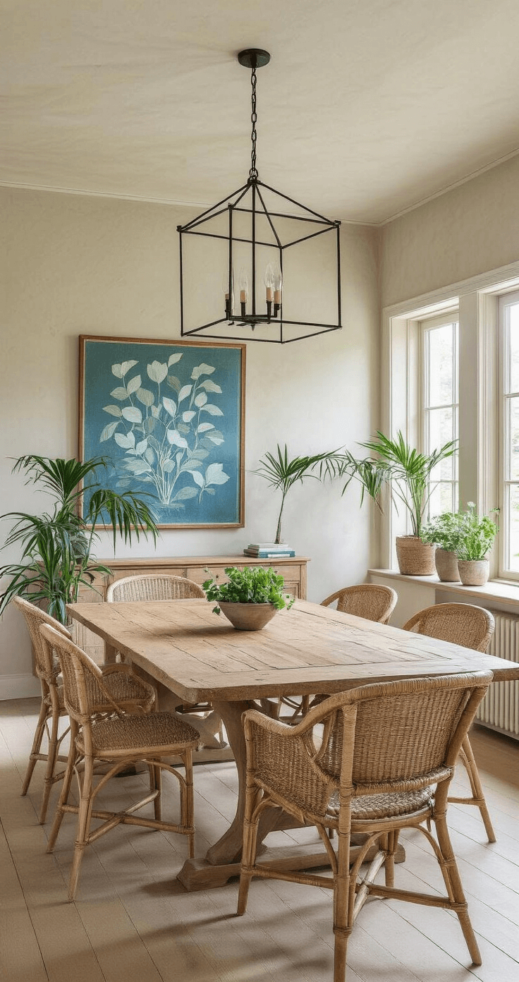 A sophisticated dining room featuring limewash walls, a modern chandelier over a reclaimed wood table, mixed wicker and upholstered chairs, a botanical print, and potted palm plants with large windows showcasing an outdoor landscape.