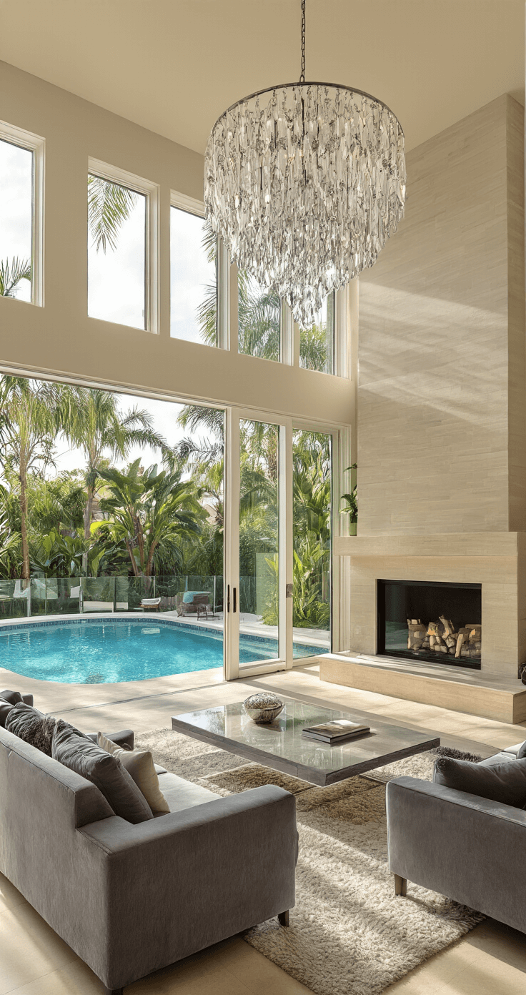 A sunlit open-concept living room with floor-to-ceiling windows overlooks a kidney-shaped pool, featuring plush grey sofas, a sleek coffee table, and an elegant chandelier, surrounded by tropical foliage and a glass safety fence.