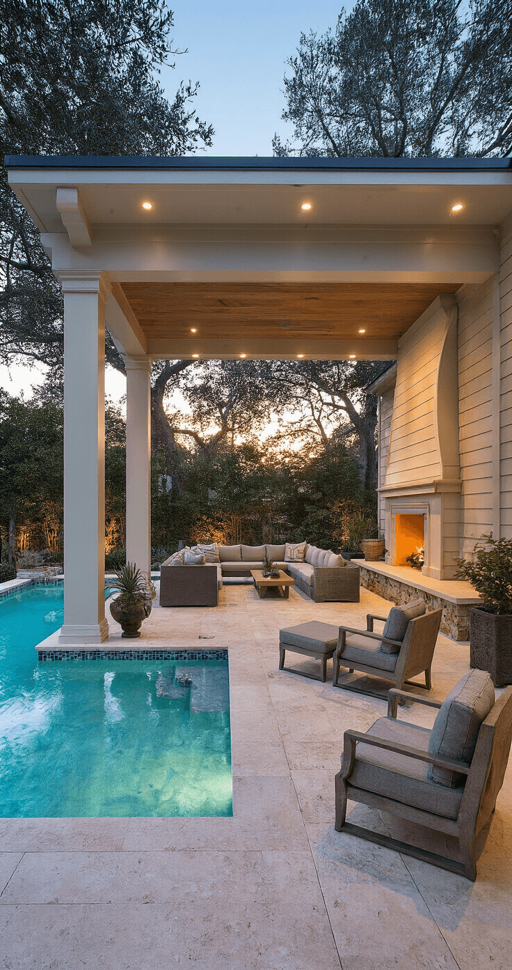 An elegant covered patio with a free-form pool and travertine deck, featuring an outdoor fireplace, built-in benches, and a large sectional sofa, all illuminated by recessed and uplighting, surrounded by lush greenery and decorative glass tiles.
