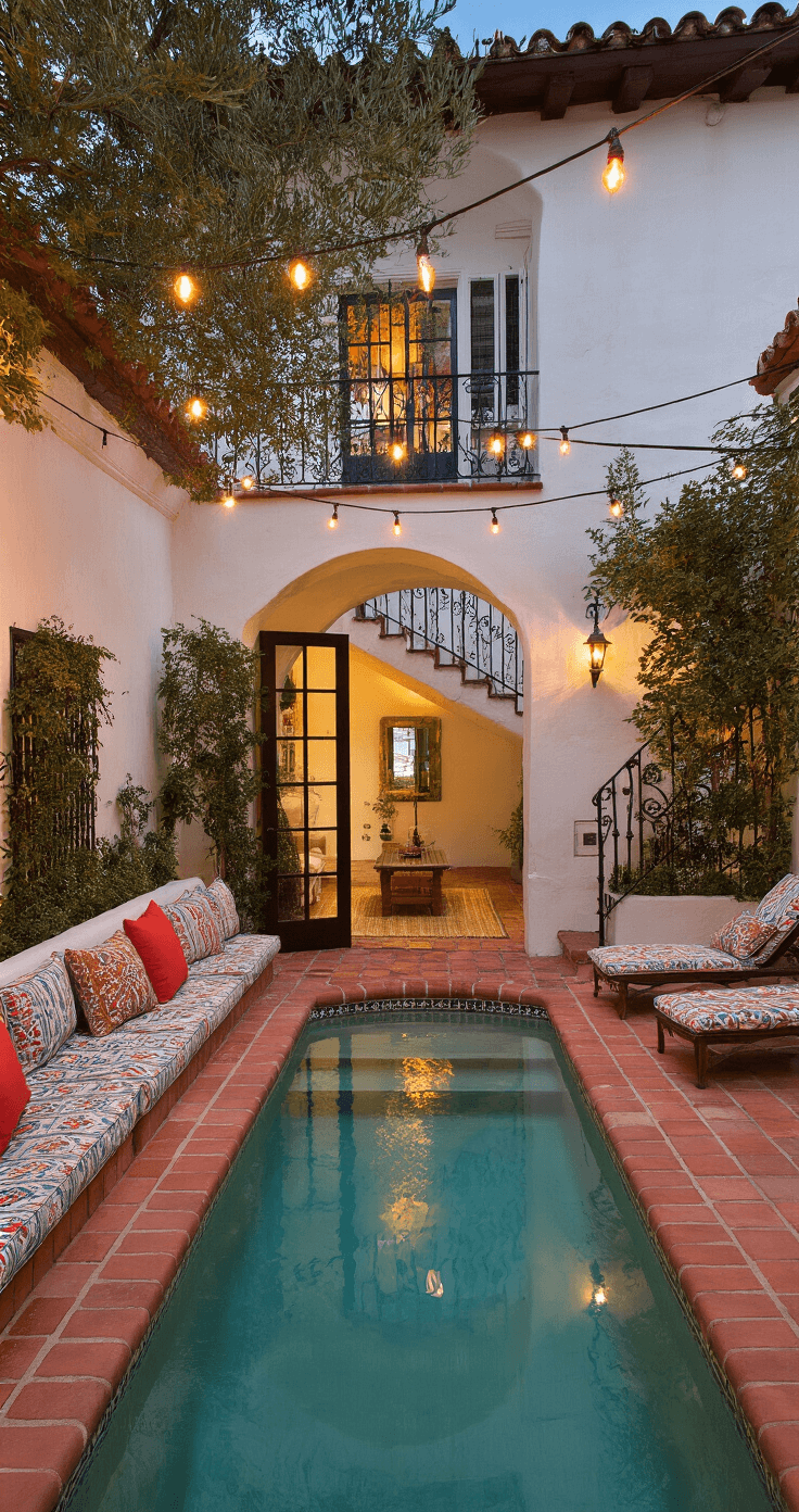 A cozy Spanish-style courtyard pool with terracotta pavers, whitewashed walls, string lights overhead, and colorful cushioned seating, surrounded by a wrought-iron fence and featuring a detached guesthouse and French doors leading to the main house.