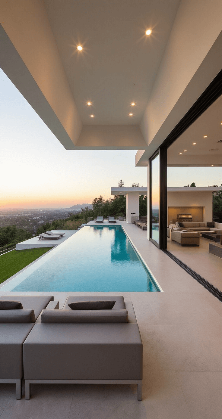 A modern pool pavilion with floor-to-ceiling glass walls, overlooking a geometric infinity pool that blends into the horizon, featuring minimalist lounge chairs, a sectional sofa, and a discreet outdoor kitchen, all illuminated by recessed lighting as sunset approaches.