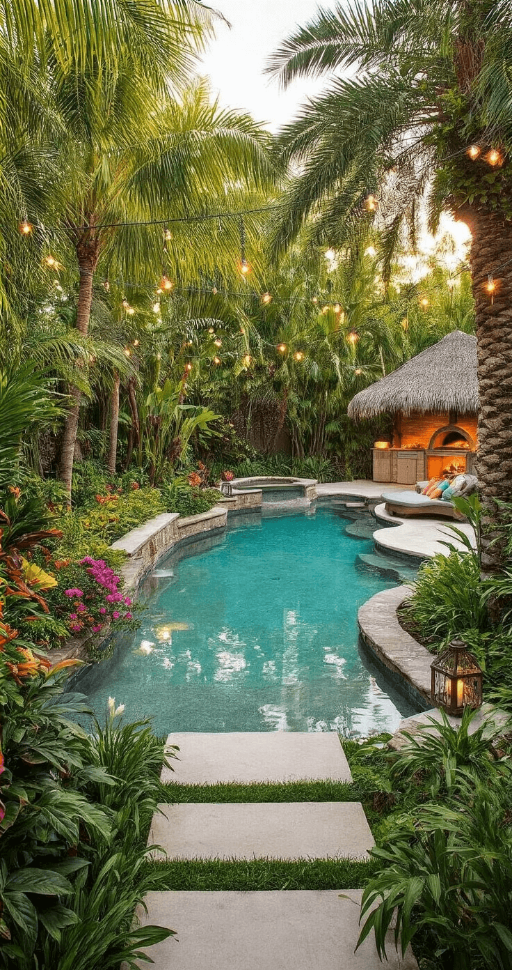 A tropical backyard oasis featuring a lagoon-style pool surrounded by palm trees and colorful plants, with stepping stones leading to a thatched-roof cabana, ambient lighting, and an outdoor kitchen with a pizza oven.