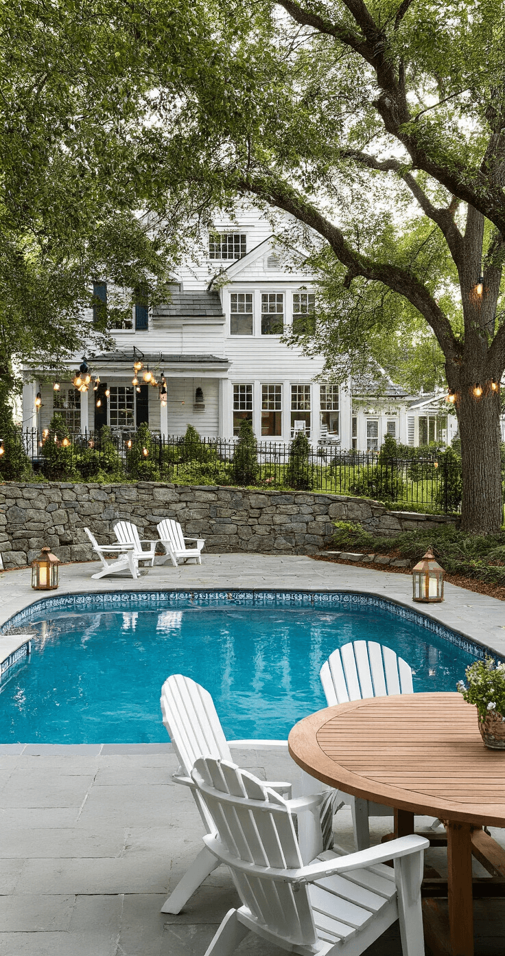 A classic New England-style home features an in-ground pool surrounded by mature oak trees, a stone patio, and a decorative fence. Crisp white Adirondack chairs and a teak dining set define lounge and dining areas, while blue and white porcelain tiles line the pool. An automatic retractable safety cover secures the pool, and brass lanterns with string lights create a cozy atmosphere at dusk.